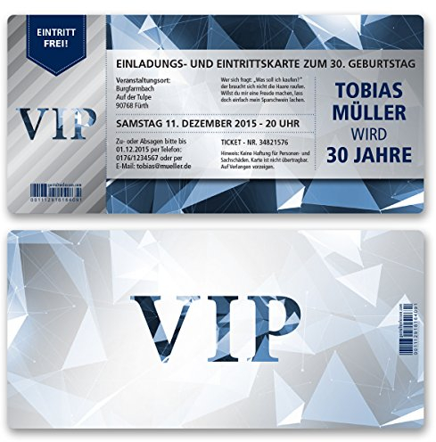 (10 x) Einladungskarten Geburtstag VIP Party Edel Blau Ticket Karte Einladungen