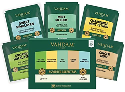 VAHDAM, Assorted Green Tea Sampler (5 Different Green Tea Blends, 20 Individually Wrapped Pyramid Tea Bags) | Low Caffeine Green Tea Varieties from India | Tea Gift Set for Tea Lovers