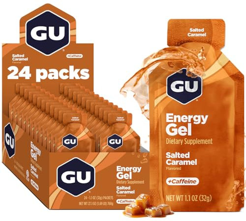 Energy Gels 24 Pack Salted Caramel Flavour - Running Gels Energy Triathlon Pre-Workout and Endurance Sports Gel with Carbohydrates Sodium Caffeine Pouches Amino Acids Electrolyte Gel Fuel Gym Food