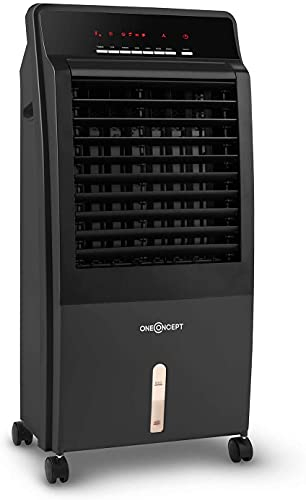 OneConcept 4-in-1 Air Cooler, Fan, Humidifier, Purifier/Ioniser I w/ 2x Ice Packs, 8L, Remote Control, 9H Timer, 360 m³/h, 65W Room Cooler for Homes & Offices I Portable Air Conditioning Unit, Black