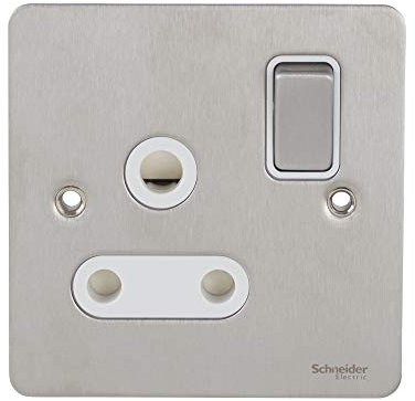 Schneider Electric Ultimate Flat Plate - Enchufe de alimentación individual conmutado, pin redondo, 15 A, GU3290WSS, acero inoxidable con inserto blanco