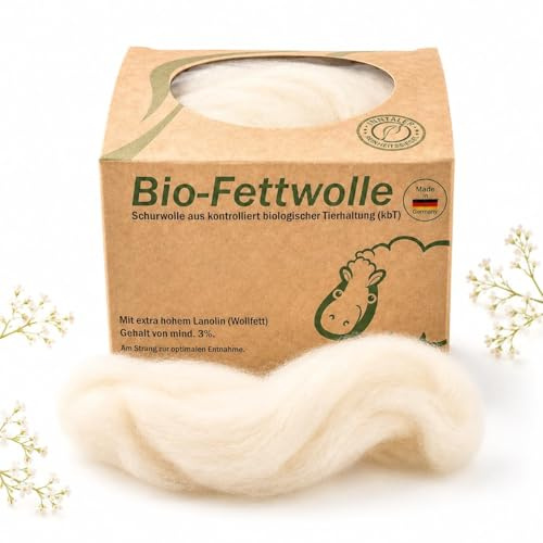 Bio Fettwolle aus kbT 50 g mit 3% Lanolin aus naturbelassener Schurwolle | Naturbelassene Bio-Schurwolle mit Lanolin zur sanften Pflege empfindlicher Babyhaut und beanspruchter Haut in der Stillzeit