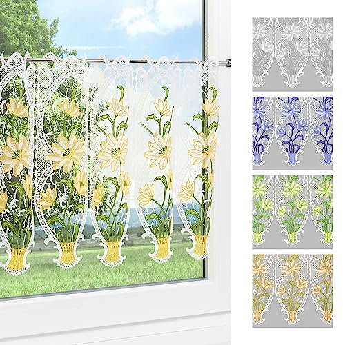 Plauener Spitze Scheibengardine Blumenpracht (Bx H) 49.50cm * 50cm * Gelb/pastellgelb