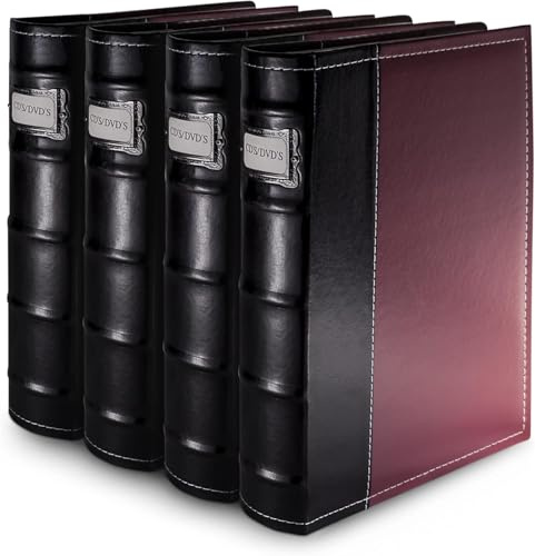 Bellagio-Italia Burgandy Leather Disc Storage Binder Perfect For CDs, DVDs, Blu-Rays, and Video Games - 4 Pack