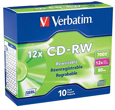 Verbatim CD-RW 700MB 4X-12X Rewritable Blank Media - 10 Discs in Slim Jewel Cases