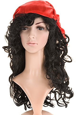 Perücke: Zigeunerbraut-Perücke, dunkel Locken, mit rotem Tuch