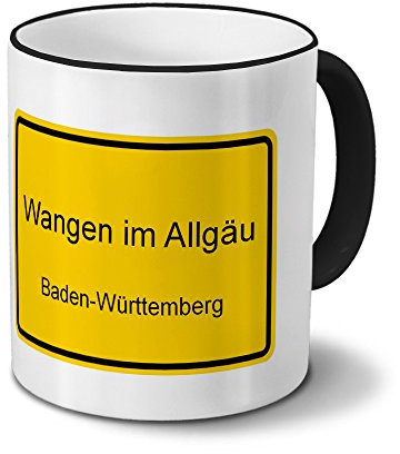Städtetasse Wangen im Allgäu - Design Ortsschild - Stadt-Tasse, Kaffeebecher, City-Mug, Becher, Kaffeetasse - Farbe Schwarz