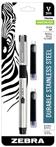 Zebra V-301 Stainless Steel Fountain Pen with Refill, Black, 1-Pack (48111)