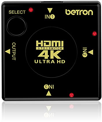 Betron HDMI Switch 3-to-1, 4K Ultra HD Port Selector, Black