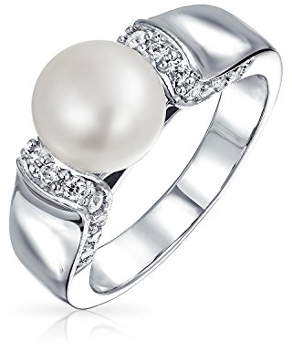 Art Deco Stil Pave Cz Solitaire Weiß Süßwasser Zuchtperle Verlobungsring Für Frauen Versilbertes Messing