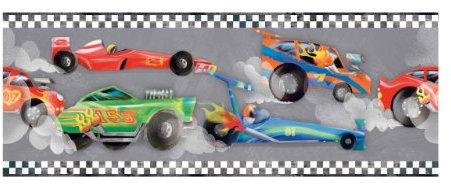 York Wallcoverings ZB3222BD Race Car Border, Steel Gray/Bright Red/Orange/Lime Green/Black/White