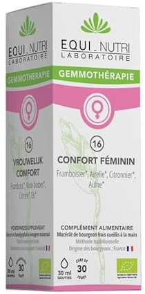 Macérât mère de bourgeons BIO de framboisier, d'airelle, de citronnier et d'aulne, confort feminin 30ml Gemmothérapie N° 16 EQUI-NUTRI LABORATOIRE