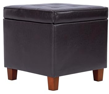 HomePop Leatherette Tufted Square Storage Ottoman with Hinged Lid, Brown Small