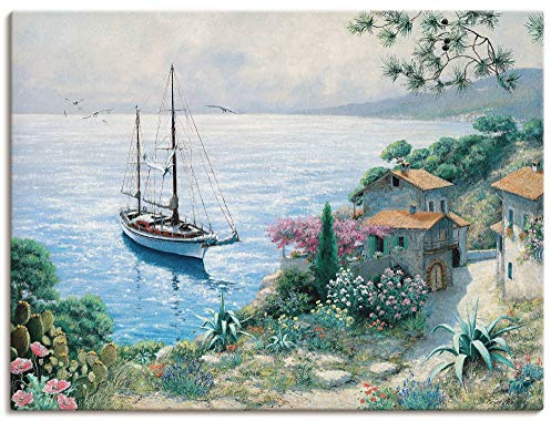 ARTLAND Wanddeko Leinwand Bilder Wandbild 80x60 cm Meer Küste Bucht Toskana Italien Boot Malerei Kunst K8PH