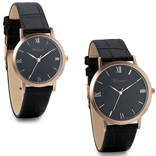 JewelryWe 2pcs Herren Damen Freundschafts Armbanduhr, Einfach Business Casual Analog Quarz Uhr für Lieben Valentinstag Paar Paare Geschenk, Schwarz Leder Armband & Römische Ziffern Zifferblatt