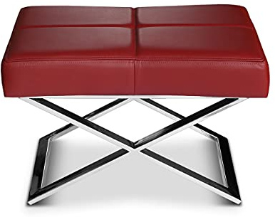 NEUERRAUM Leder Bauhaus Sitzocker, Beistell- Hocker, Sitzhocker, Lederhocker, Hocker, X-Fuß Edelstahl poliert. Abbildung in (Echt-) Leder Wein Rot