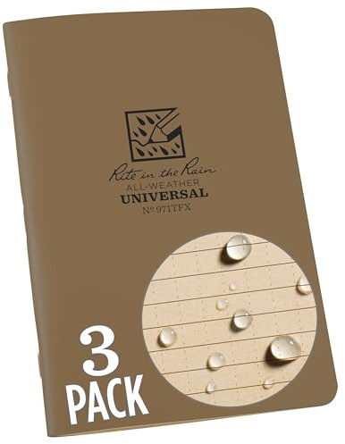 Rite in the Rain Weatherproof Stapled Notebook, 4.625 x 7, Tan Cover, Universal Pattern, 3 Pack (No. 971TFX)