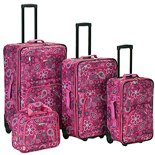 Rockland Fashion Softside 4 Piece Luggage Set, Expandable, (14 Tote/19/24/28), Pink Bandana