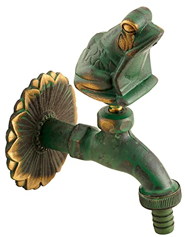 Sanitop-Wingenroth Auslaufventil 1/2 mit Schlauchverschraubung | Nostalgischer Kaltwasserhahn mit Motivgriff Frosch | Außenwasserhahn mit Wandrosette | 1/2 Zoll | Messing patiniert | 17004 8