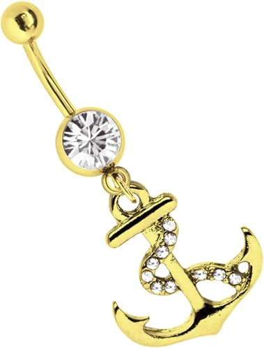 Bauchnabel Piercing Stahl Banane in 1,6 x 8 mm bis 14 mm und Anker mit klaren Steinen, 18kt. Gold beschichtet
