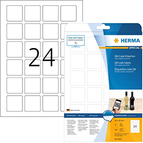 HERMA 9642 QR Code Etiketten blickdicht quadratisch, 800 Blatt, 40 x 40 mm, 24 pro A4 Bogen, 19200 Stück, selbstklebend, bedruckbar, matt, blanko Papier QR-Code Klebeetiketten Aufkleber, weiß