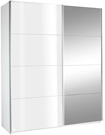 Nicht Zutreffend Schwebetürenschrank Kleiderschrank Schlafzimmerschrank | 2-türig | Dekor | Weiß Hochglanz | mit Spiegel | 225x210x62 cm