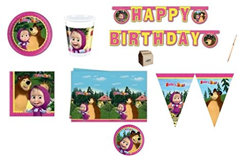 IRPot - KIT N 44 COORDINATO TAVOLA MASHA E L'ORSO SET ADDOBBI FESTA BAMBINA