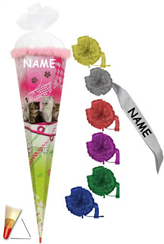 alles-meine.de GmbH 3-D Schultüte - Kätzchen mit Puschelborte und Glittersteinen 70 cm - incl. individueller Schleife