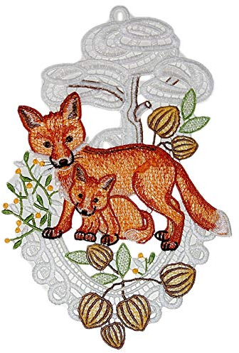 Plauener Spitze Fensterbild 18x28 +Saugnapf Fuchs Baby Wald Fensterschmuck Deko Herbst Halloween