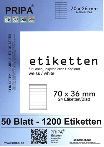 pripa Etikettenformat 70 x 36 mm 50 Blatt DIN A4 selbstklebende Etiketten, geeignet fuer FBA