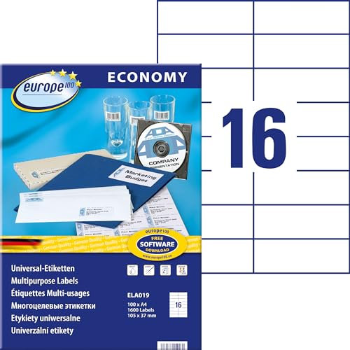 Europe100 Art. ELA019 Adressaufkleber (1.600 Klebeetiketten, 105x37mm auf A4, Papier matt, individuell bedruckbar, selbstklebende Adressetiketten, kompatibel zu AVERY 3484) 100 Blatt, weiß