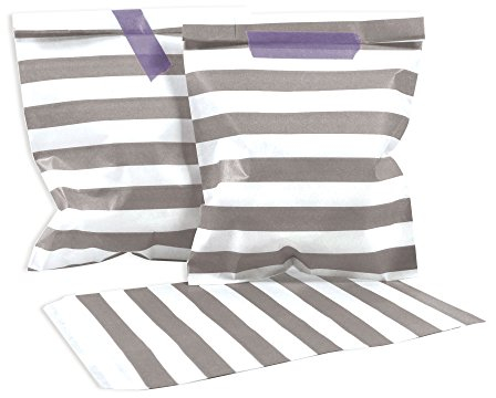 Frau WunderVoll® 25 PAPIERTÜTEN Taupe/HELLGRAU, Streifen 13 x 16,5 cm, 45 Gramm Papier, flach/Candy Bar, Hochzeit, Kindergeburtstag, Papiertütchen, Candybag, Tüten, Mitgebseltüten
