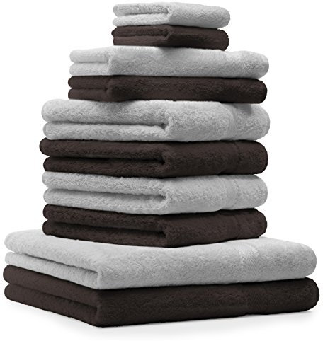 Betz 10-TLG. Handtuch-Set Premium 100% Baumwolle 2 Duschtücher 4 Handtücher 2 Gästetücher 2 Waschhandschuhe Farbe Dunkelbraun und Silbergrau