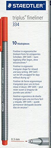 STAEDTLER 334-2 Triplus Fineliner (Dreikant, Superfeine, Metallgefasste Spitze, Linienbreite ca. 0,3 mm, 10 Stück) rot