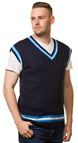 Bay eCom UK Mens Cricket Jumper V Neck Sleeveless Casual wear Cable Knitted Tank top S to XL (Medium, Navy)