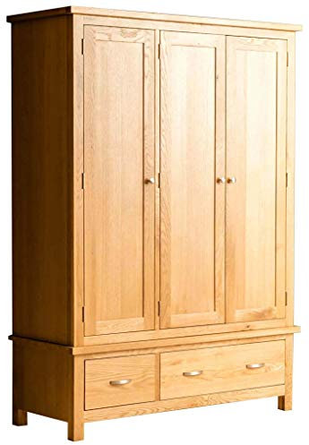 RoselandFurniture London Oak Large Triple Wardrobe with Drawers | Contemporary Solid Wooden 3 Door Wardrobe Storage Unit for Bedroom with Hanging Rail