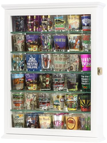 Shot Glass Display Case Wall Curio Cabinet, Glass Door, Solid Wood SCD06B-WH