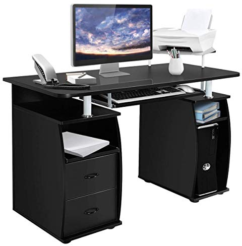 COSTWAY Computertisch mit Schubladen, Tastaturauszug, Druckerablage und CPU-Ständer, Schreibtisch mit Stauraum, Bürotisch, Arbeitstisch, PC-Tisch für Büro, Zuhause, 120 x 55 x 76 cm (Schwarz)
