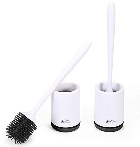 Vinsani Toilet Brush with Handle & Holder Set - Non-Slip Plastic handle with Deep Cleaner Flexible Rubber Bristles and Quick Dry Holder, Black, 2 Pack