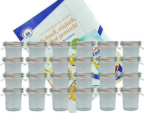 MamboCat 24er Set Weckgläser 140 ml Sturzglas mit Deckel Einkochring Klammern I Original Weck Sturzgläser I Einweckgläser für Kuchen Gelees UVM I inkl. Diamant-Zucker Gelierzauber Rezeptheft
