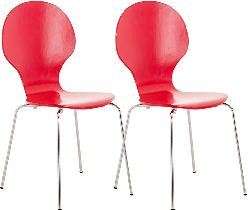 CLP 2X Stapelstuhl Diego I Konferenzstuhl Mit Holzsitz Und Stabilem Metallgestell I 2 x Platzsparender Stuhl Mit Pflegeleichter Sitzfläche, Farbe:rot