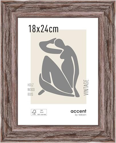accent by nielsen Bilderrahmen, 18 x 24 cm, Holz, Braun, Fotorahmen zum Auftstellen und Aufhängen im Hoch- & Querformat, Echtglas, Vintage