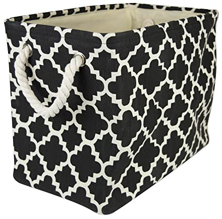 DII Collapsible Polyester Storage Basket or Bin with Durable Cotton Handles, Home Organizer Solution for Office, Bedroom, Closet, Toys, & Laundry (Small – 14x8x9”), Black Lattice