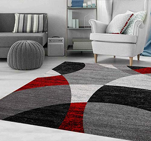 VIMODA Teppich Geometrische Kreismuster Meliert in Grau Weiß Schwarz und Rot, Maße:200x280 cm