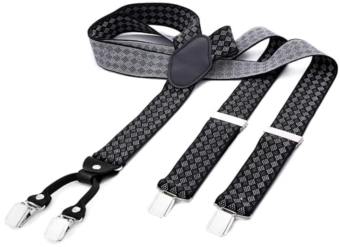 DonDon Hosenträger Herren extra stark kariert schwarz grau weiß 3,5 cm Hosenträger Herren breit in Y-Form lang - Starke Clips passend für Anzug Jeans Chinos Vintage Rockabilly Suspenders