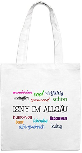 Jutebeutel mit Stadtnamen Isny im Allgäu - Motiv Positive Eigenschaften - Farbe weiß – Stoffbeutel, Jutesack, Hipster, Beutel