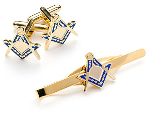 THE MASONIC COLLECTION - Freimaurer-Manschettenknöpfe und Krawattenlide, quadratisch und Kompass, Gold, für Erwachsene Männer, Freimaurer
