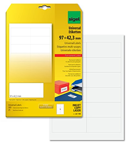 SIGEL LA140 Universal-Etiketten selbstklebend, bedruckbar, weiß, 97 x 42,3 mm, 300 Etiketten = 25 Blatt