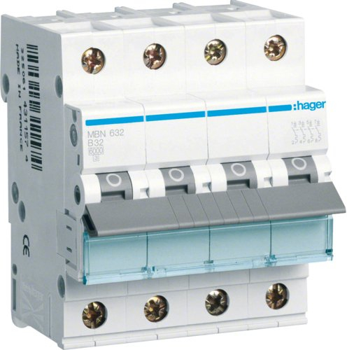 Hager MBN632 b-Type 4P 4 Module (S) Short Circuit – kurz Schaltungen (32 A, 70 mm, 70 mm, 83 mm, 25 – 60 °C,-25 – 80 °C)