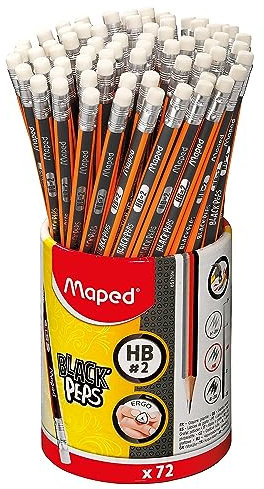Maped - Crayons Graphite Black’Peps - Crayons à Papier HB Embout Gomme - Ergonomique - Triangulaire - Pot de 72 Crayons Papier HB